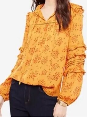 Ann Taylor Orange & Red Floral Pattern Long Sleeve Tie Collar Ruffle Peasant Top